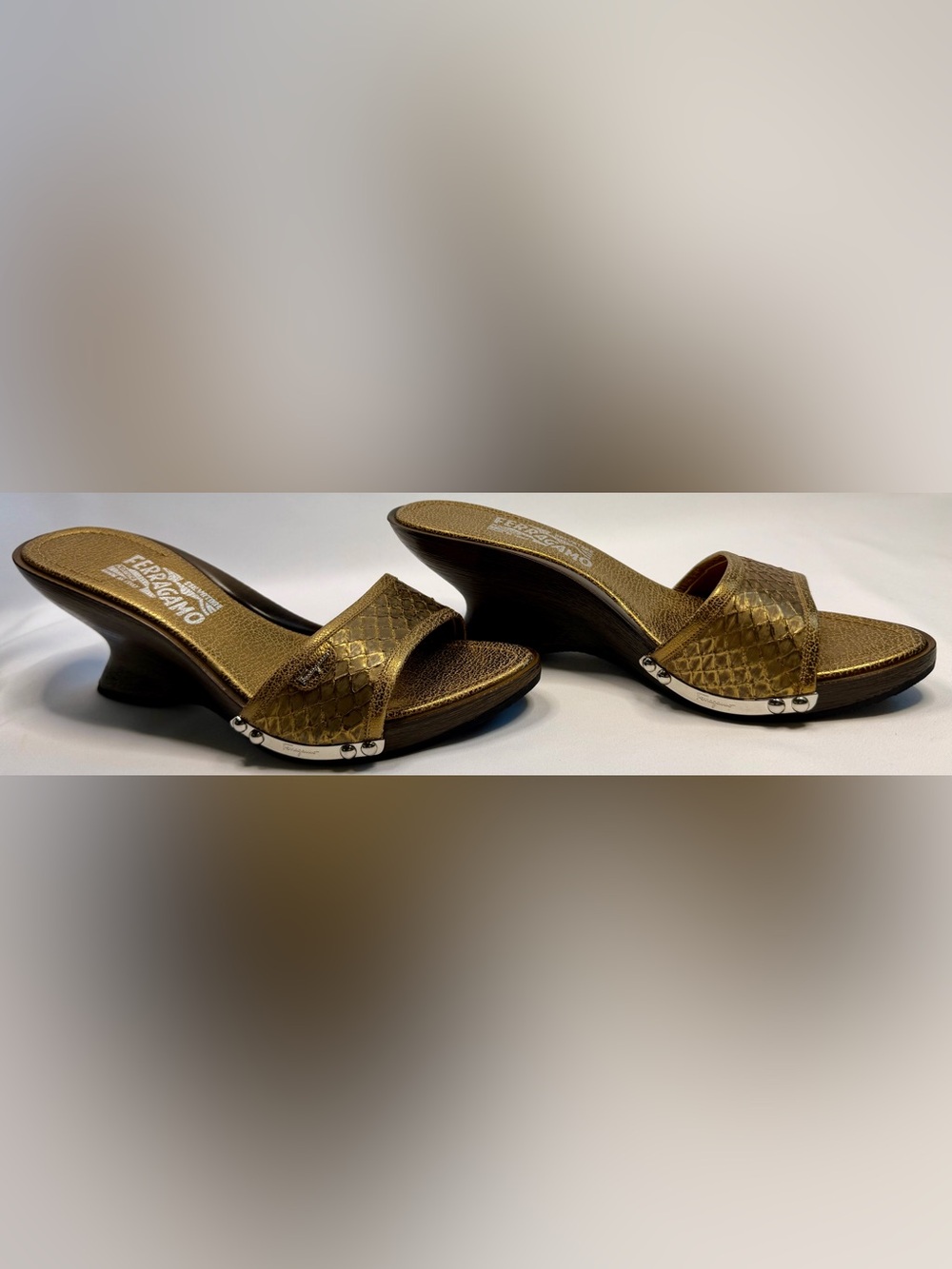 Salvatore Ferragamo Vintage metallic Bronze Leather Wedge Slide Mules w logo 8C - Picture 7 of 15